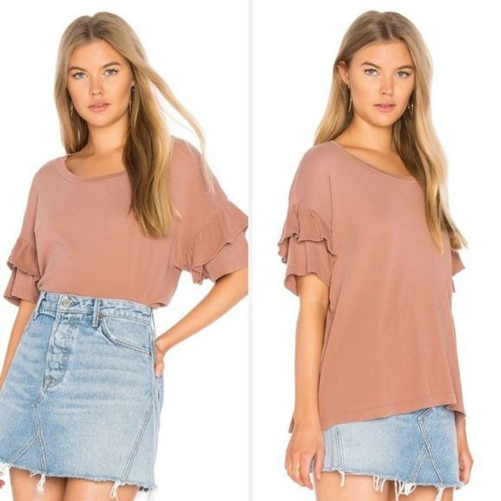 Current Elliott Ruffle Sleeve Tee Mauve Pink Knit Top Size 3 L‎ Made in USA Boxy